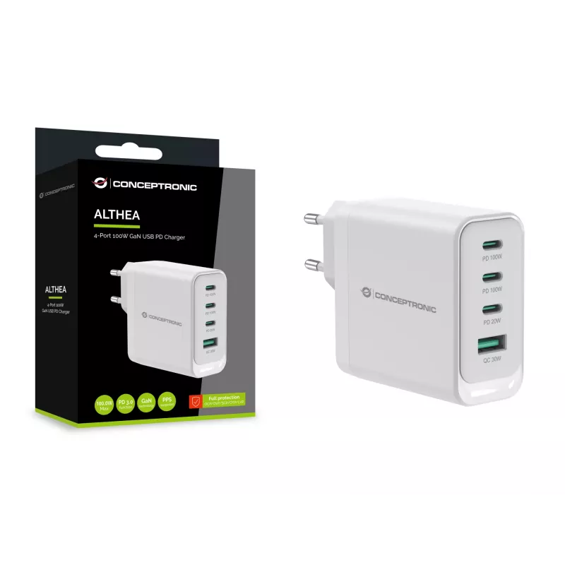Carregador Conceptronic ALTHEA22W100 4 portas 100W GaN USB PD, USB-C x 3, USB-A x 1, QC 3.0, PPS, PD 3.0