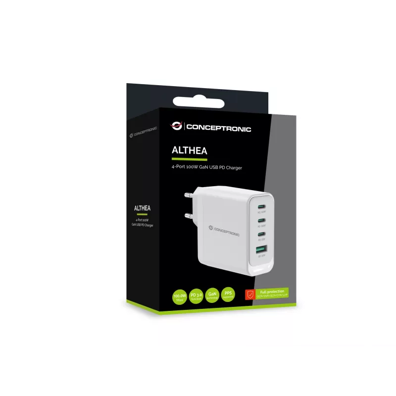 Carregador Conceptronic ALTHEA22W100 4 portas 100W GaN USB PD, USB-C x 3, USB-A x 1, QC 3.0, PPS, PD 3.0