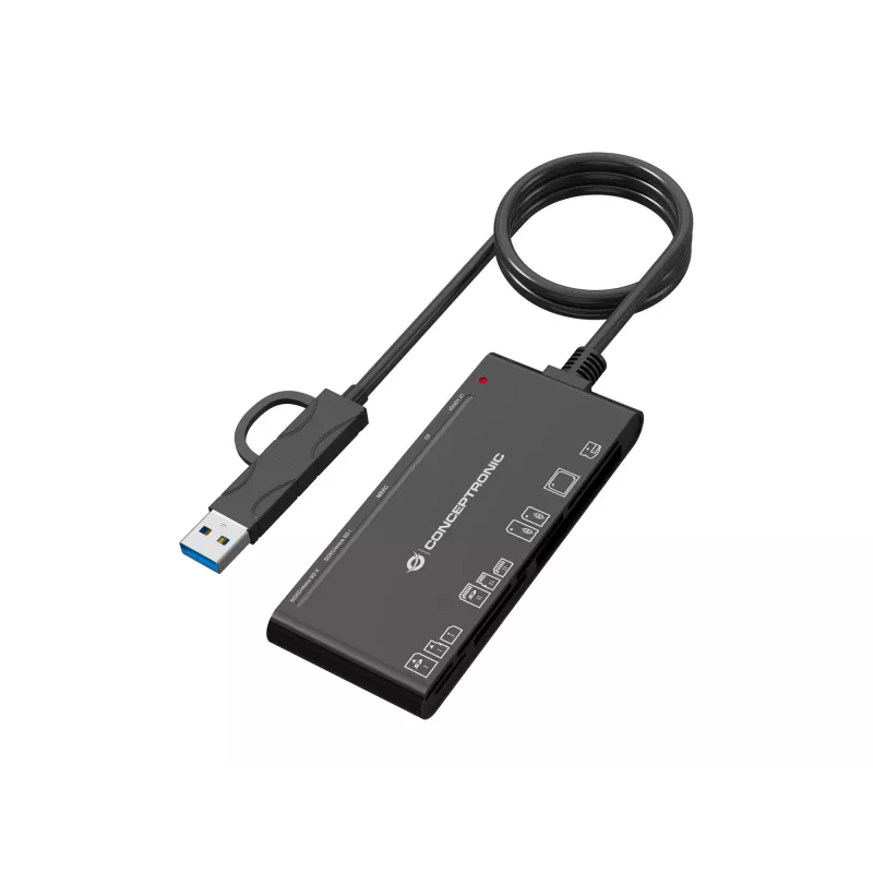 Leitor de cartões 7 em 1 CONCEPTRONIC BIAN10B — USB 3.2 Gen 1 Type-A/Type-C, CF/MMC/MS/SD/MicroSD/xD, preto