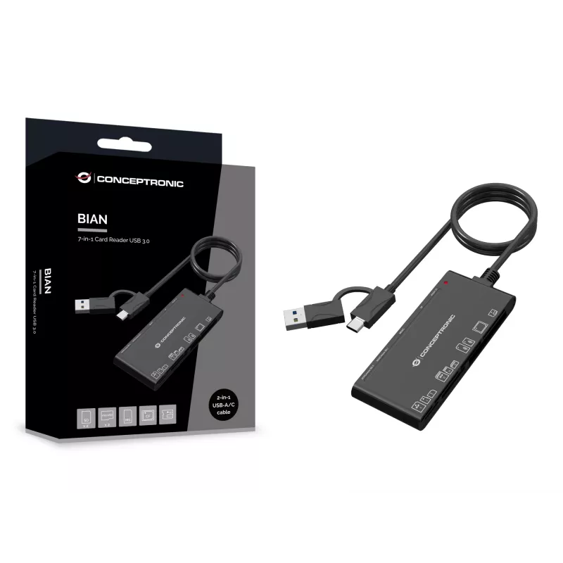 Leitor de cartões 7 em 1 CONCEPTRONIC BIAN10B — USB 3.2 Gen 1 Type-A/Type-C, CF/MMC/MS/SD/MicroSD/xD, preto