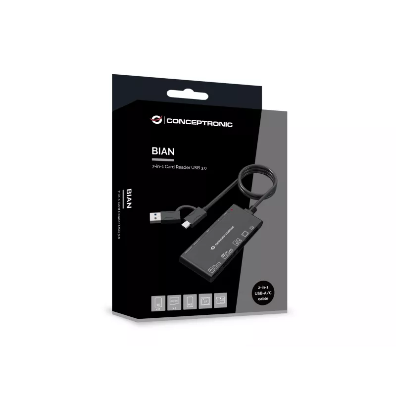 Leitor de cartões 7 em 1 CONCEPTRONIC BIAN10B — USB 3.2 Gen 1 Type-A/Type-C, CF/MMC/MS/SD/MicroSD/xD, preto
