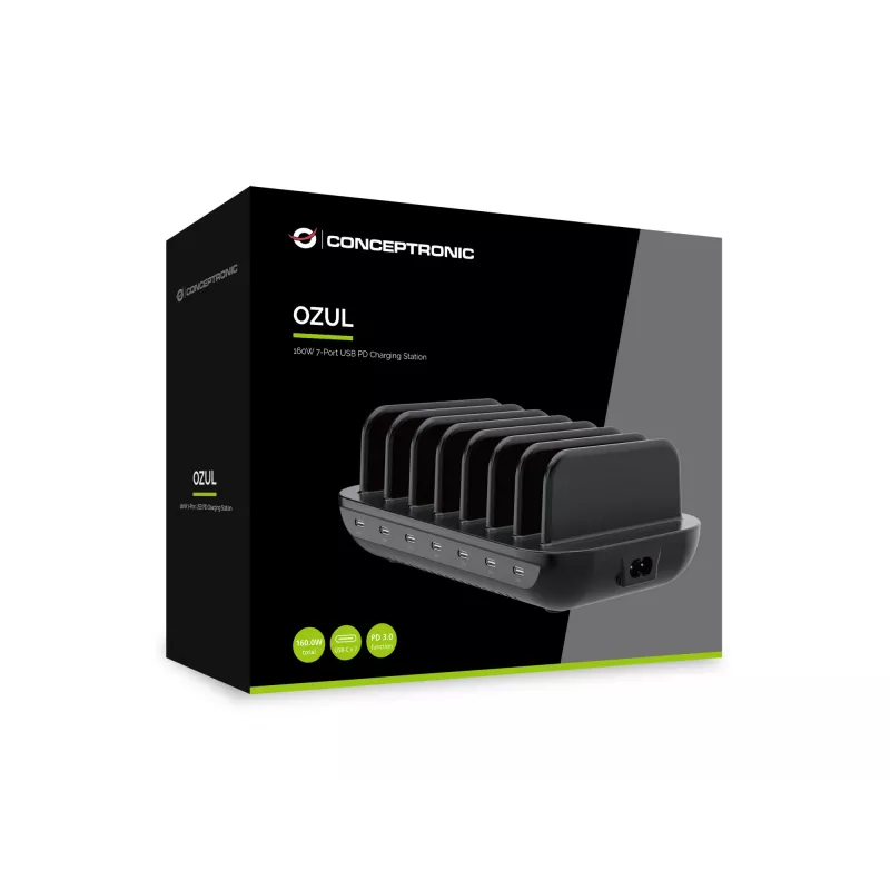 Estação de carregamento Conceptronic OZUL07B 160W 7 portas USB PD, USB-C x 7, PD 3.0