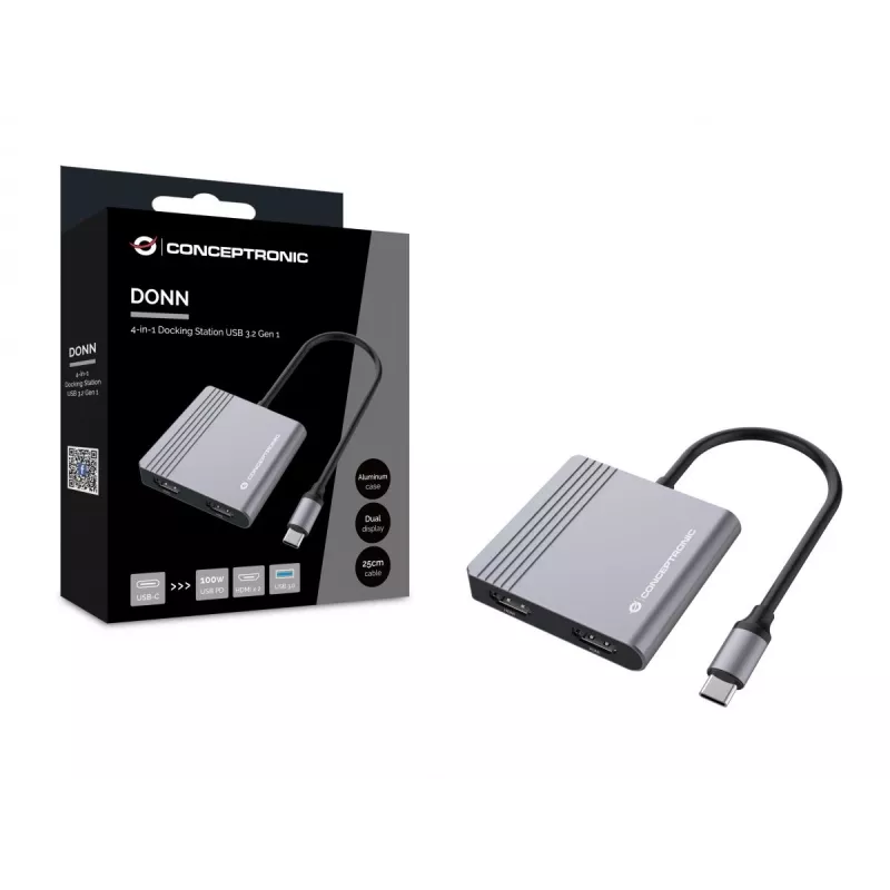 Dock para portátil/replicador de portas Conceptronic DONN13G com fios USB 3.2 Gen 1 (3.1 Gen 1) Type-C cinzento