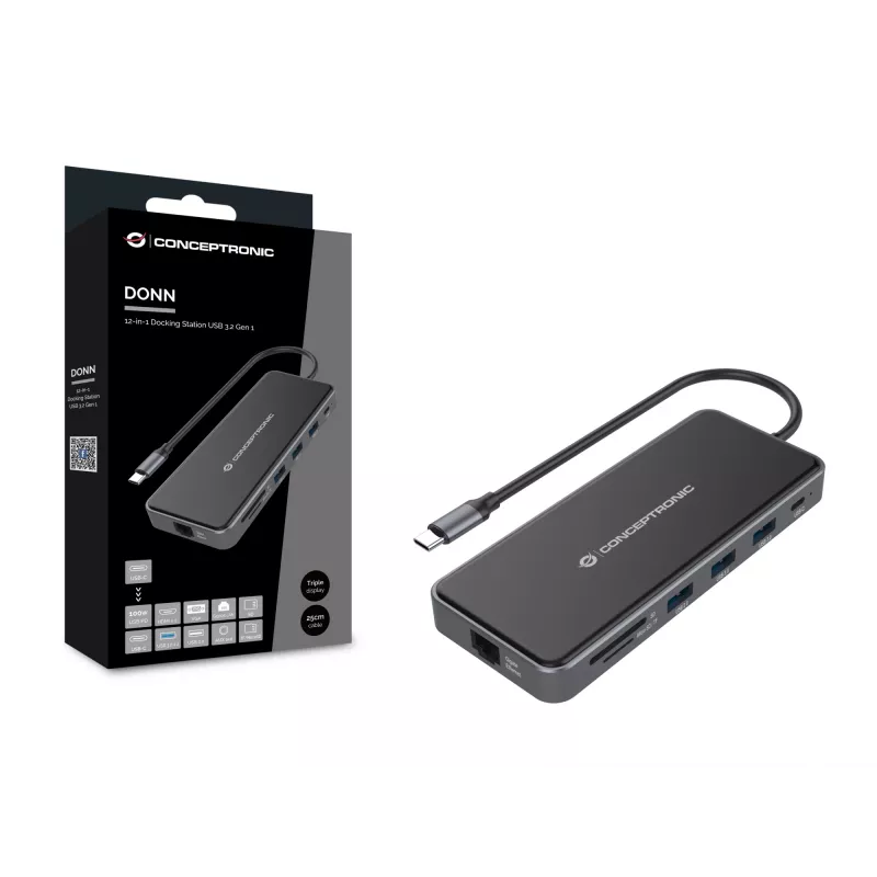 Dock para portátil/replicador de portas Conceptronic DONN15G com fios USB 3.2 Gen 1 (3.1 Gen 1) Type-C cinzento