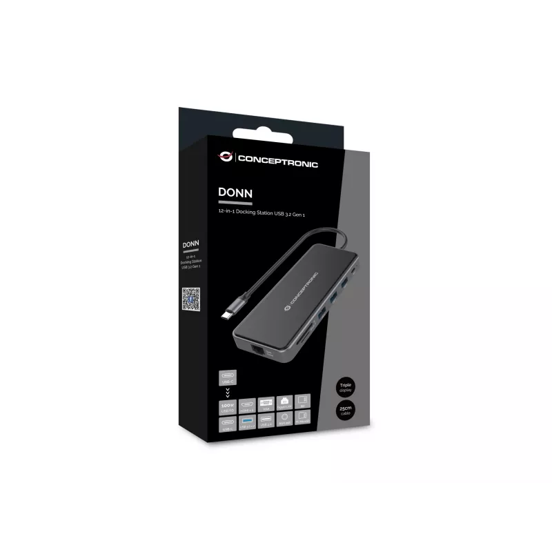 Dock para portátil/replicador de portas Conceptronic DONN15G com fios USB 3.2 Gen 1 (3.1 Gen 1) Type-C cinzento