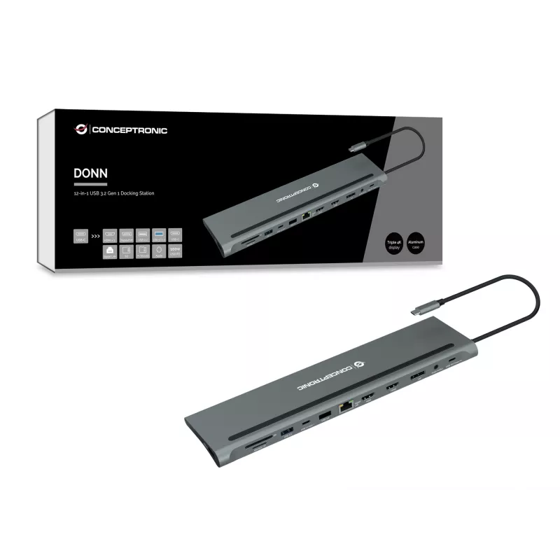 Dock para portátil/replicador de portas Conceptronic DONN17G com fios USB 3.2 Gen 1 (3.1 Gen 1) Type-C cinzento