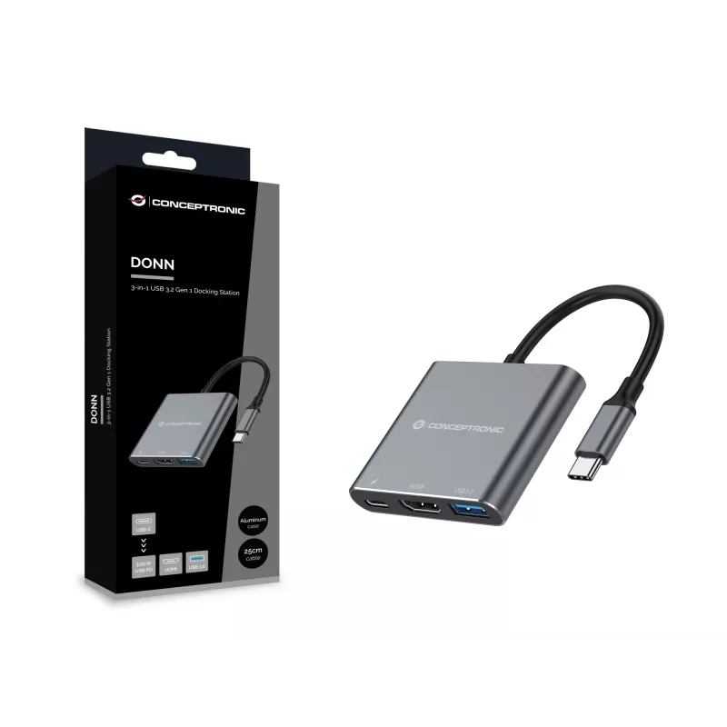 Estação de acoplamento Conceptronic DONN18G 3 em 1 USB 3.2 Gen 1, HDMI, USB 3.0, 100W USB PD