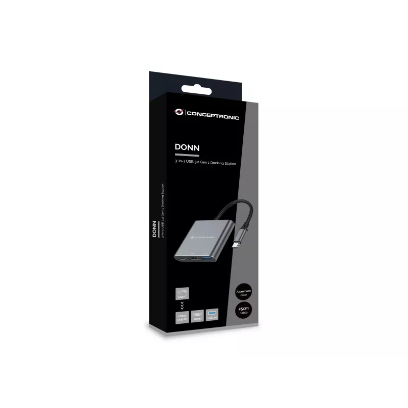 Estação de acoplamento Conceptronic DONN18G 3 em 1 USB 3.2 Gen 1, HDMI, USB 3.0, 100W USB PD