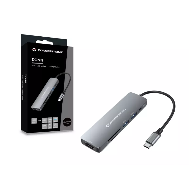 Estação de acoplamento Conceptronic DONN11G 6 em 1 USB 3.2 Gen 1, HDMI, 100W USB PD, USB 3.0, USB 2.0, SD, TF/MicroSD