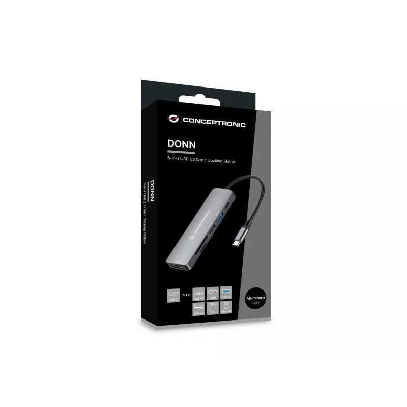 Estação de acoplamento Conceptronic DONN11G 6 em 1 USB 3.2 Gen 1, HDMI, 100W USB PD, USB 3.0, USB 2.0, SD, TF/MicroSD