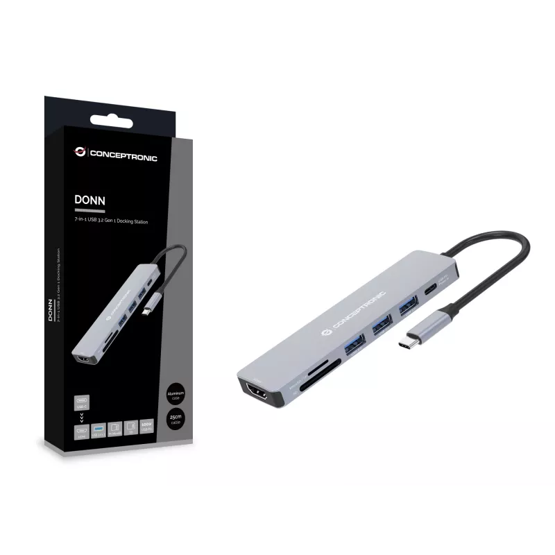 Estação de acoplamento Conceptronic DONN19G 7 em 1 USB 3.2 Gen 1, HDMI, USB-A 3.0 x 3, SD, TF/MicroSD, 100W USB PD