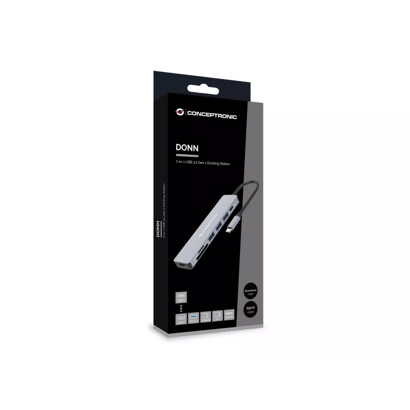 Estação de acoplamento Conceptronic DONN19G 7 em 1 USB 3.2 Gen 1, HDMI, USB-A 3.0 x 3, SD, TF/MicroSD, 100W USB PD