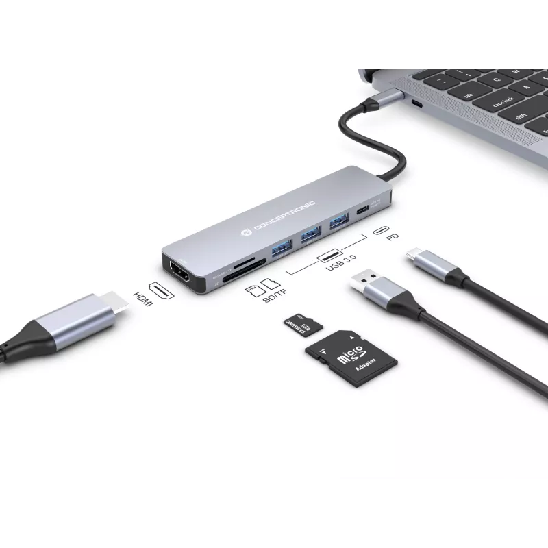 Estação de acoplamento Conceptronic DONN19G 7 em 1 USB 3.2 Gen 1, HDMI, USB-A 3.0 x 3, SD, TF/MicroSD, 100W USB PD