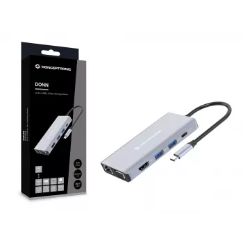 Estação de acoplamento Conceptronic DONN20G 10 em 1 USB 3.2 Gen 1, HDMI, VGA, USB-A 3.0 x 3, SD, TF/MicroSD, áudio, GbE LAN, 100W USB PD