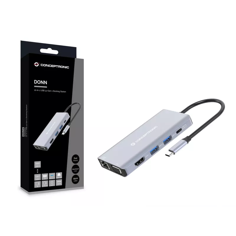 Estação de acoplamento Conceptronic DONN20G 10 em 1 USB 3.2 Gen 1, HDMI, VGA, USB-A 3.0 x 3, SD, TF/MicroSD, áudio, GbE LAN, 100W USB PD