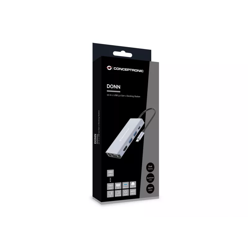 Estação de acoplamento Conceptronic DONN20G 10 em 1 USB 3.2 Gen 1, HDMI, VGA, USB-A 3.0 x 3, SD, TF/MicroSD, áudio, GbE LAN, 100W USB PD