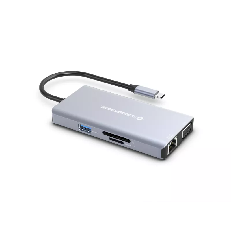 Estação de acoplamento Conceptronic DONN20G 10 em 1 USB 3.2 Gen 1, HDMI, VGA, USB-A 3.0 x 3, SD, TF/MicroSD, áudio, GbE LAN, 100W USB PD