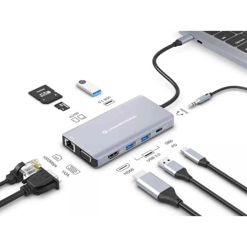 Estação de acoplamento Conceptronic DONN20G 10 em 1 USB 3.2 Gen 1, HDMI, VGA, USB-A 3.0 x 3, SD, TF/MicroSD, áudio, GbE LAN, 100W USB PD