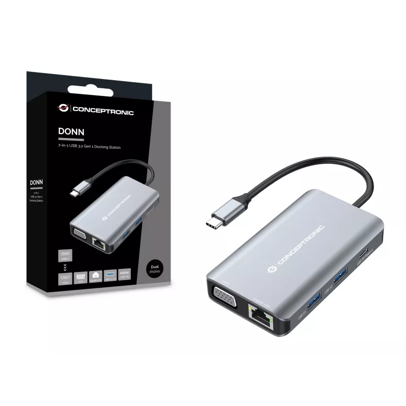 Dock para portátil/replicador de portas Conceptronic DONN21G com fios USB 3.2 Gen 1 (3.1 Gen 1) Type-C cinzento