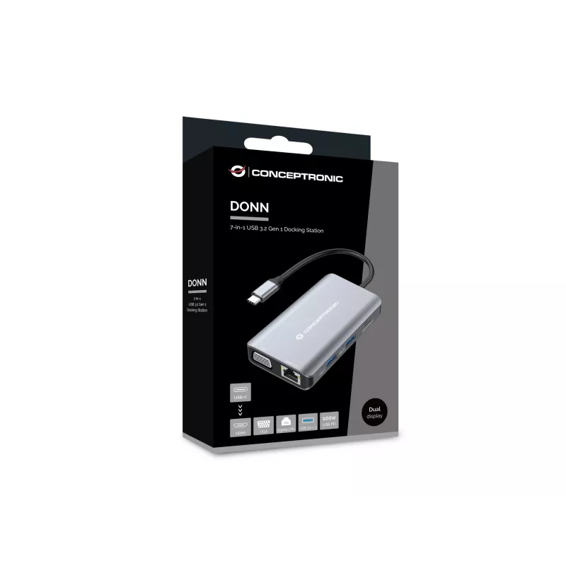 Dock para portátil/replicador de portas Conceptronic DONN21G com fios USB 3.2 Gen 1 (3.1 Gen 1) Type-C cinzento