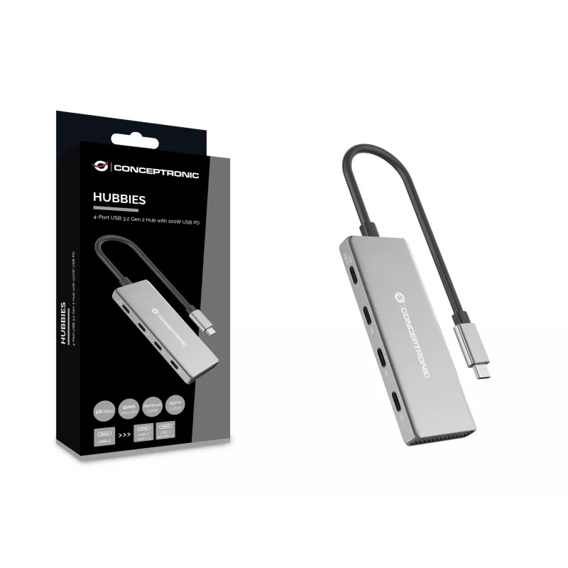 Hub de interfaces Conceptronic HUBBIES16G USB 3.2 Gen 2 (3.1 Gen 2) Type-C 10000 Mbit/s cinzento
