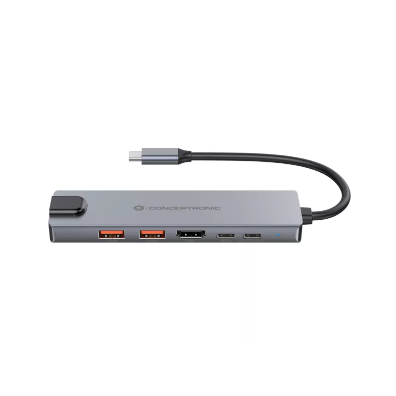 Estação de acoplamento Conceptronic DONN29G 6 em 1 USB 3.2 Gen 2, HDMI 4K60Hz, USB-A 10Gbps x 2, USB-C 10Gbps, GbE LAN, 140W USB PD 3.1