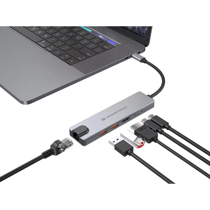 Estação de acoplamento Conceptronic DONN29G 6 em 1 USB 3.2 Gen 2, HDMI 4K60Hz, USB-A 10Gbps x 2, USB-C 10Gbps, GbE LAN, 140W USB PD 3.1