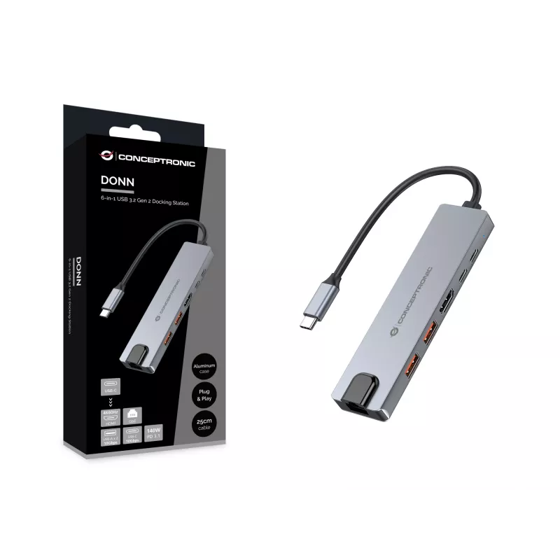 Estação de acoplamento Conceptronic DONN29G 6 em 1 USB 3.2 Gen 2, HDMI 4K60Hz, USB-A 10Gbps x 2, USB-C 10Gbps, GbE LAN, 140W USB PD 3.1