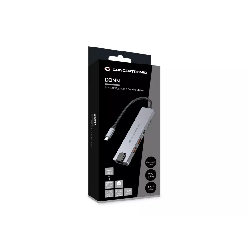 Estação de acoplamento Conceptronic DONN29G 6 em 1 USB 3.2 Gen 2, HDMI 4K60Hz, USB-A 10Gbps x 2, USB-C 10Gbps, GbE LAN, 140W USB PD 3.1