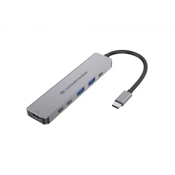 Estação de acoplamento 6 em 1 USB 3.2 Gen 1 CONCEPTRONIC DONN33G HDMI, 2×USB-A 5Gbps, 2×USB-C 5Gbps, 100W USB PD, prateado