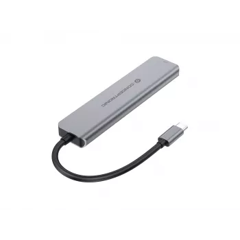 Estação de acoplamento 6 em 1 USB 3.2 Gen 1 CONCEPTRONIC DONN33G HDMI, 2×USB-A 5Gbps, 2×USB-C 5Gbps, 100W USB PD, prateado