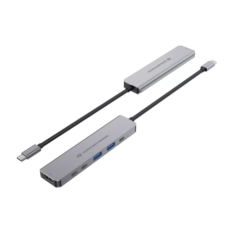 Estação de acoplamento 6 em 1 USB 3.2 Gen 1 CONCEPTRONIC DONN33G HDMI, 2×USB-A 5Gbps, 2×USB-C 5Gbps, 100W USB PD, prateado