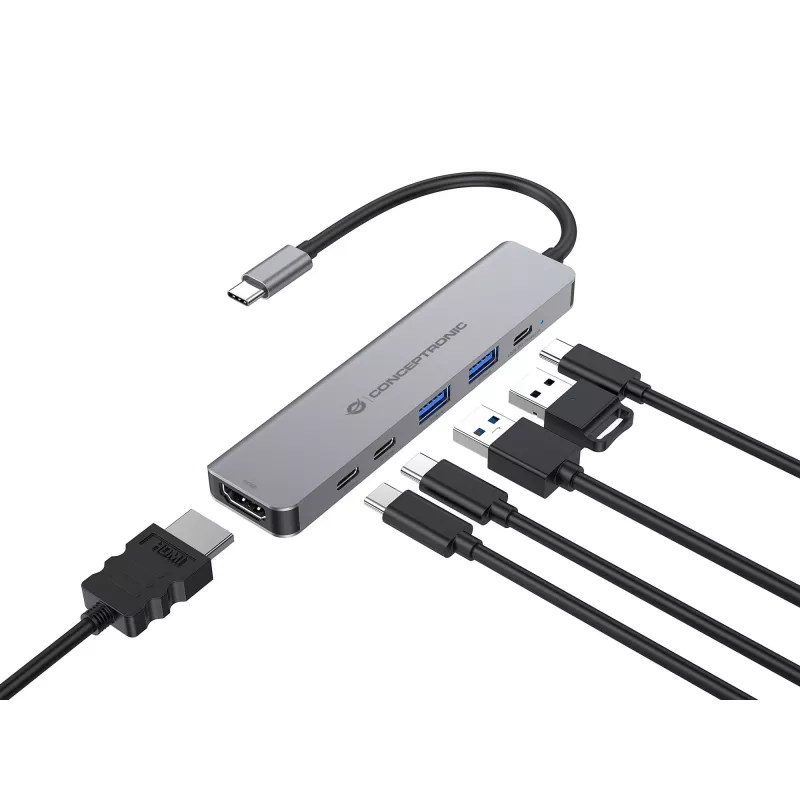 Estação de acoplamento 6 em 1 USB 3.2 Gen 1 CONCEPTRONIC DONN33G HDMI, 2×USB-A 5Gbps, 2×USB-C 5Gbps, 100W USB PD, prateado