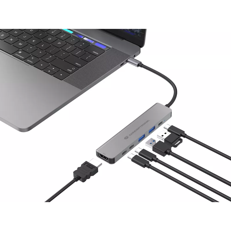 Estação de acoplamento 6 em 1 USB 3.2 Gen 1 CONCEPTRONIC DONN33G HDMI, 2×USB-A 5Gbps, 2×USB-C 5Gbps, 100W USB PD, prateado