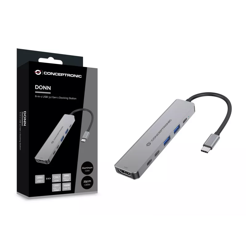 Estação de acoplamento 6 em 1 USB 3.2 Gen 1 CONCEPTRONIC DONN33G HDMI, 2×USB-A 5Gbps, 2×USB-C 5Gbps, 100W USB PD, prateado