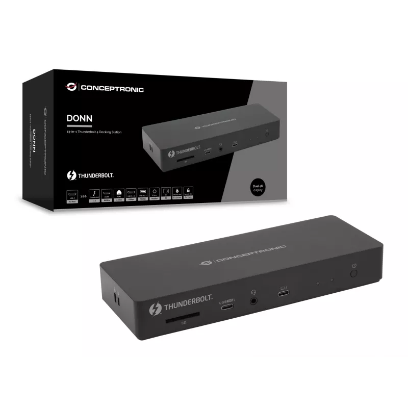 Conceptronic DONN30B estação de ancoragem Thunderbolt 4 13 em 1, 40 Gbit/s, 96 W, HDMI, 2x USB-A, USB-C, LAN 2,5GbE, leitor de cartões SD, preta