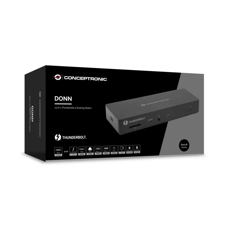 Conceptronic DONN30B estação de ancoragem Thunderbolt 4 13 em 1, 40 Gbit/s, 96 W, HDMI, 2x USB-A, USB-C, LAN 2,5GbE, leitor de cartões SD, preta