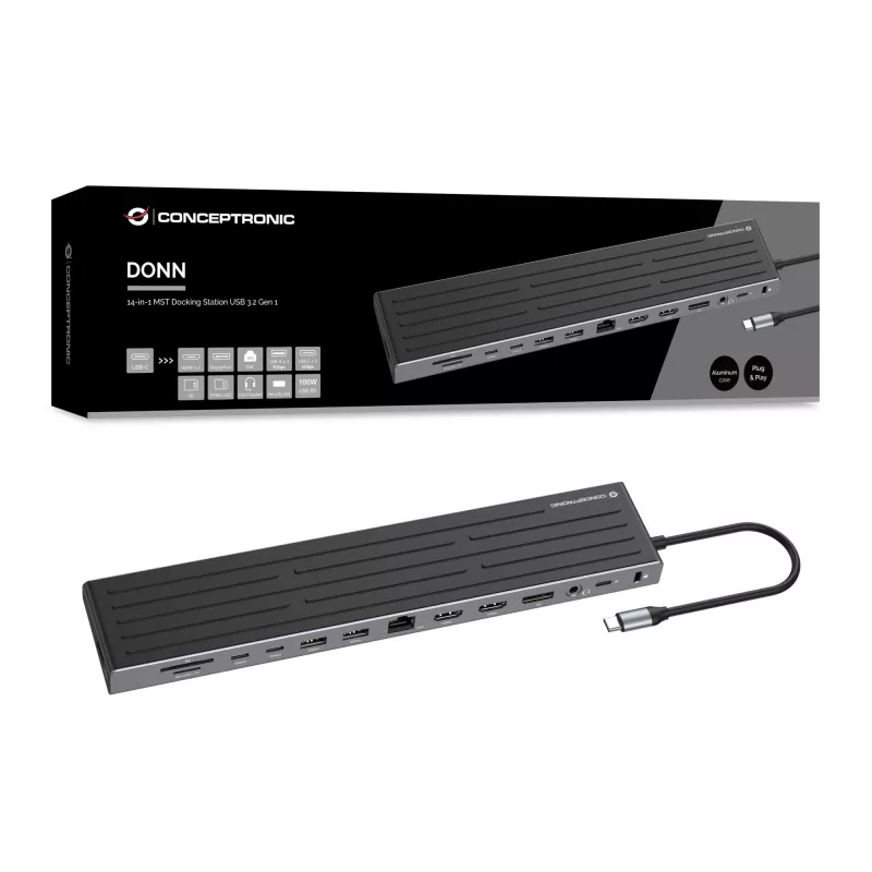 Estação de acoplamento Conceptronic DONN32B 14 em 1 USB 3.2 Gen 1 HDMI DP