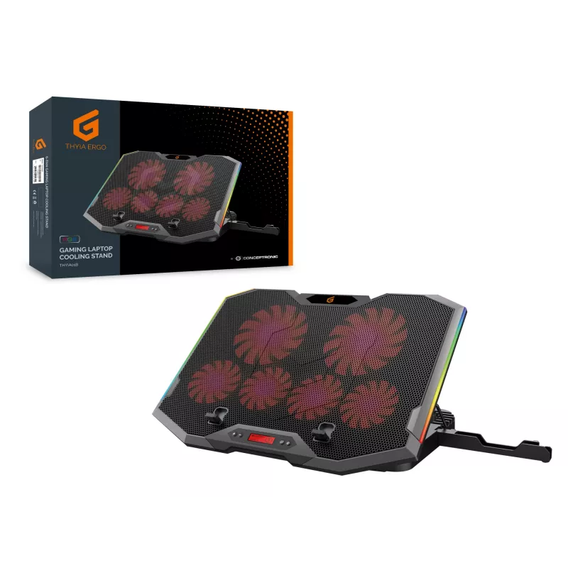 Suporte de arrefecimento para portátil gaming Conceptronic THYIA ERGO com 6 ventoinhas, 43,2 cm (17 polegadas), 6 unid., botões, cinzento, azul, verde, vermelho, China