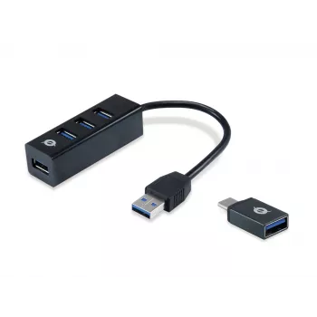 Hub USB Conceptronic HUBBIES hub USB 3.0 de 4 portas com adaptador OTG USB-C