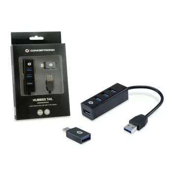 Hub USB Conceptronic HUBBIES hub USB 3.0 de 4 portas com adaptador OTG USB-C