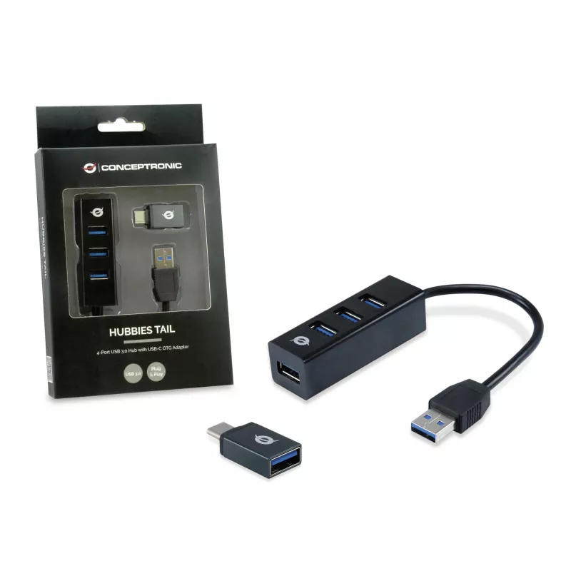 Hub USB Conceptronic HUBBIES hub USB 3.0 de 4 portas com adaptador OTG USB-C