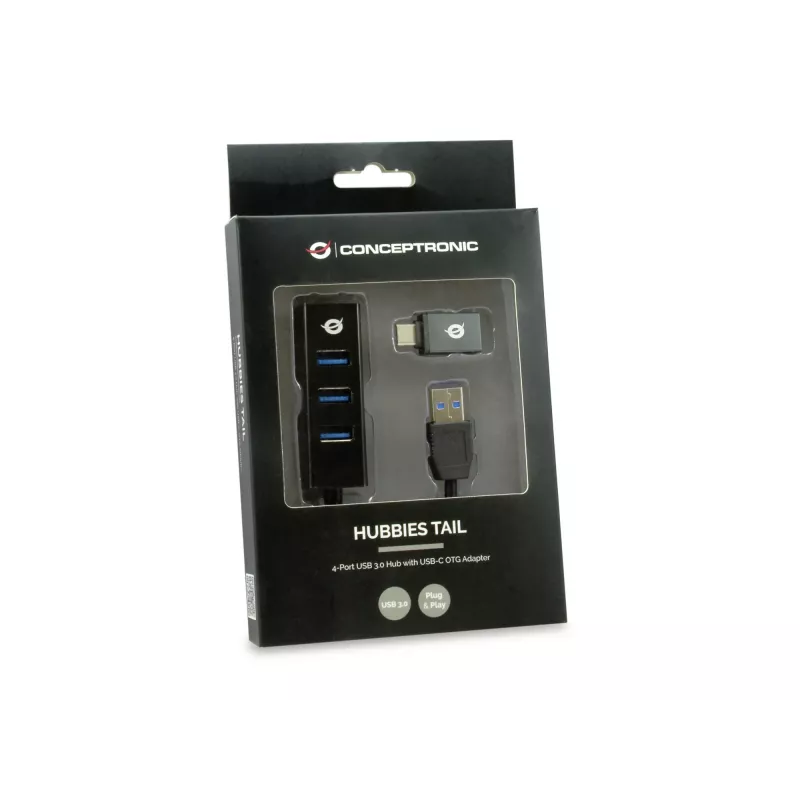 Hub USB Conceptronic HUBBIES hub USB 3.0 de 4 portas com adaptador OTG USB-C