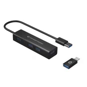 Hub USB 3.0 de 4 portas em alumínio Conceptronic com adaptador USB-C para USB-A
