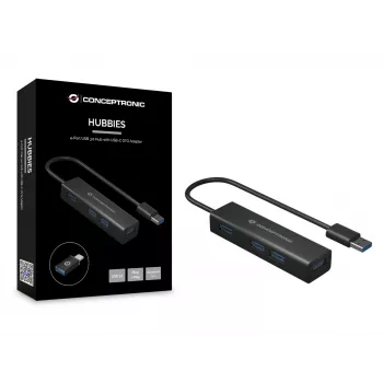 Hub USB 3.0 de 4 portas em alumínio Conceptronic com adaptador USB-C para USB-A