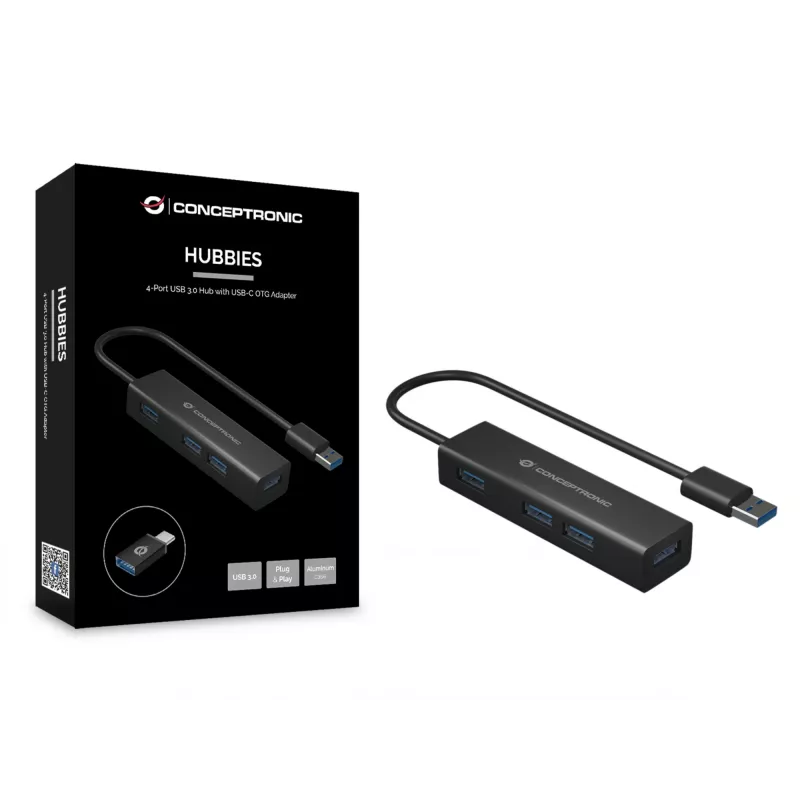 Hub USB 3.0 de 4 portas em alumínio Conceptronic com adaptador USB-C para USB-A