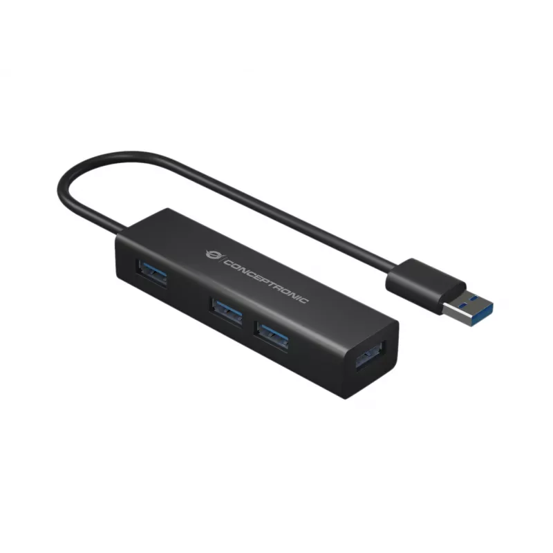 Hub USB 3.0 de 4 portas em alumínio Conceptronic com adaptador USB-C para USB-A