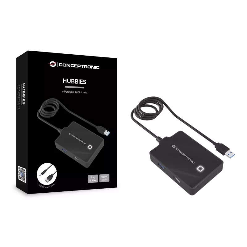 Hub Conceptronic HUBBIES USB 3.0/2.0 de 4 portas, cabo de 90 cm, USB 3.2 Gen 1 (3.1 Gen 1) Type-A, preto, USB 2.0, USB 3.2 Gen 1 (3.1 Gen 1) Type-A, China, 87 mm, 55 mm