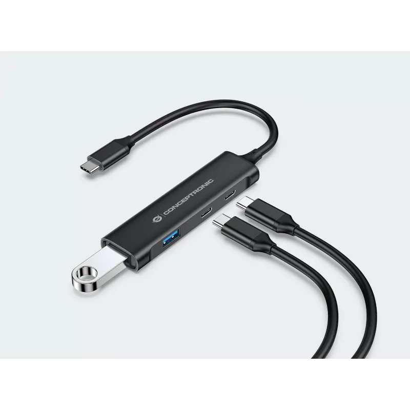 Hub Conceptronic HUBBIES USB 3.0 de 4 portas, 2 portas USB-C e 2 portas USB-A, caixa em alumínio, ficha USB-C