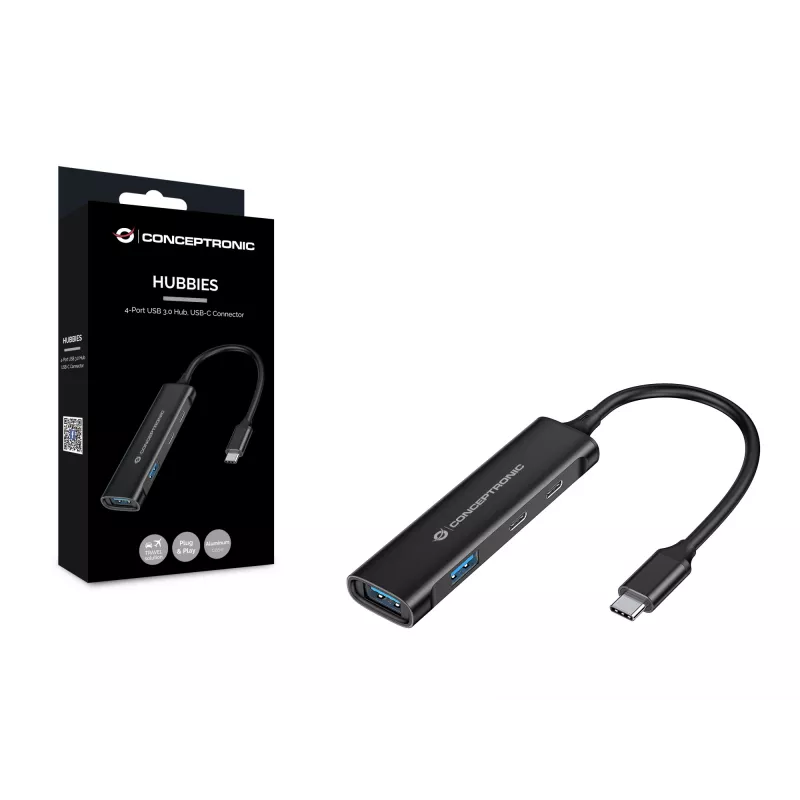 Hub Conceptronic HUBBIES USB 3.0 de 4 portas, 2 portas USB-C e 2 portas USB-A, caixa em alumínio, ficha USB-C
